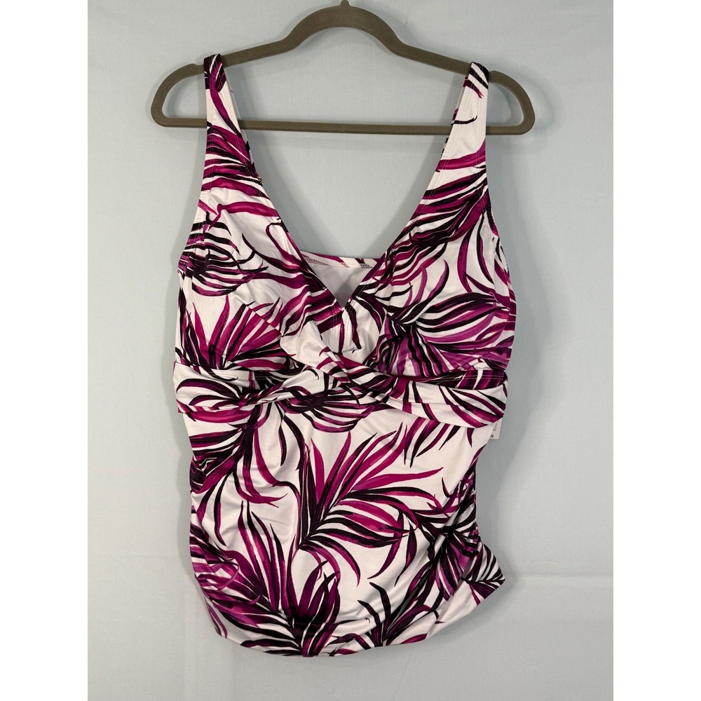 Sonnet Shores Tankini‎ Swim Top 20W Magenta White Tropical Palm Twist Front